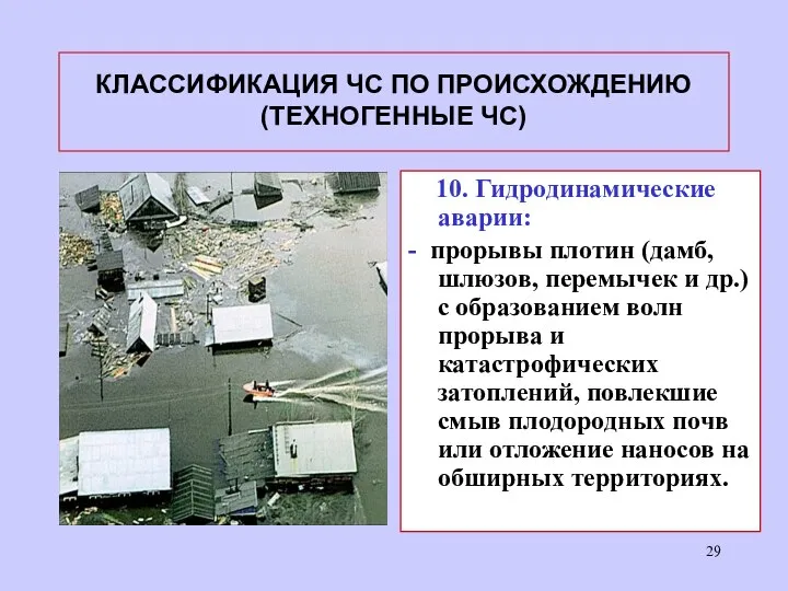 КЛАССИФИКАЦИЯ ЧС ПО ПРОИСХОЖДЕНИЮ (ТЕХНОГЕННЫЕ ЧС) 10. Гидродинамические аварии: - прорывы