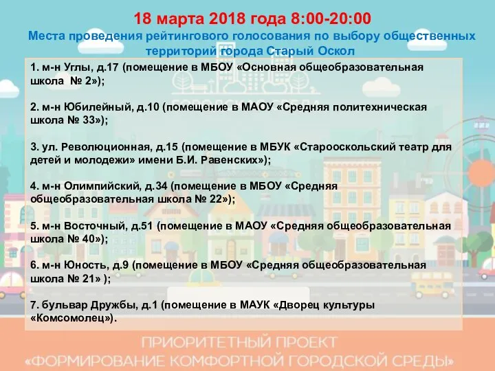 18 марта 2018 года 8:00-20:00 Места проведения рейтингового голосования по выбору