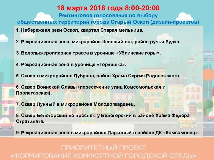 18 марта 2018 года 8:00-20:00 Рейтинговое голосование по выбору общественных территорий