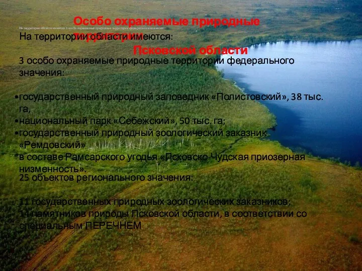 Особо охраняемые природные территории Псковской области 25 объектов регионального значения: 11