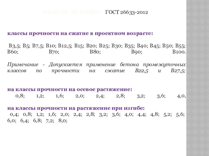 КЛАССЫ БЕТОНОВ - ГОСТ 26633-2012 классы прочности на сжатие в проектном