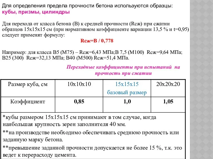 Для определения предела прочности бетона используются образцы: кубы, призмы, цилиндры Для