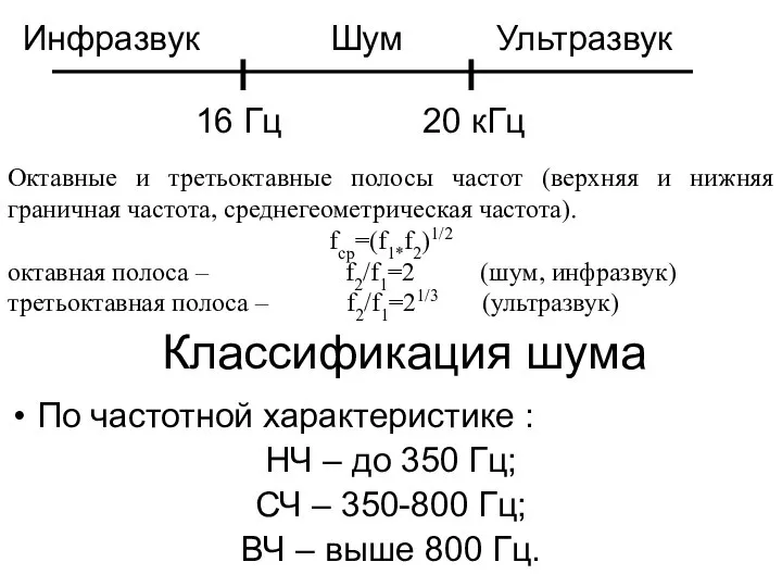 Классификация шума По частотной характеристике : НЧ – до 350 Гц;