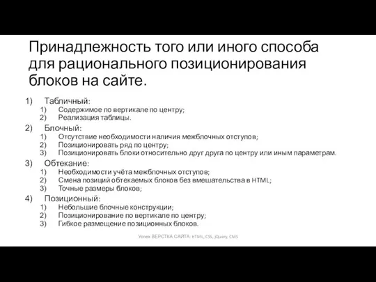 Принадлежность того или иного способа для рационального позиционирования блоков на сайте.