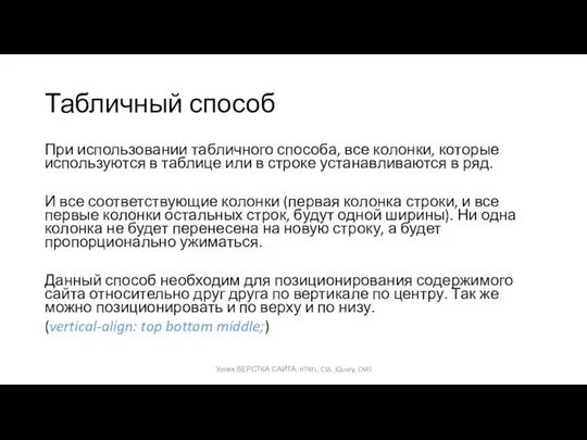 Табличный способ Успех ВЕРСТКА САЙТА: HTML, CSS, jQuery, CMS При использовании
