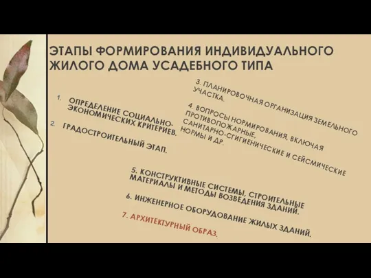 ЭТАПЫ ФОРМИРОВАНИЯ ИНДИВИДУАЛЬНОГО ЖИЛОГО ДОМА УСАДЕБНОГО ТИПА ОПРЕДЕЛЕНИЕ СОЦИАЛЬНО-ЭКОНОМИЧЕСКИХ КРИТЕРИЕВ. ГРАДОСТРОИТЕЛЬНЫЙ