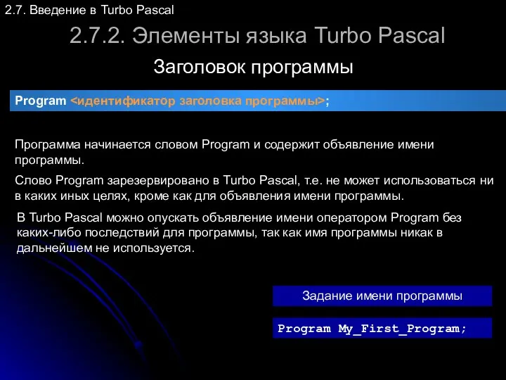 2.7.2. Элементы языка Turbo Pascal Заголовок программы 2.7. Введение в Turbo