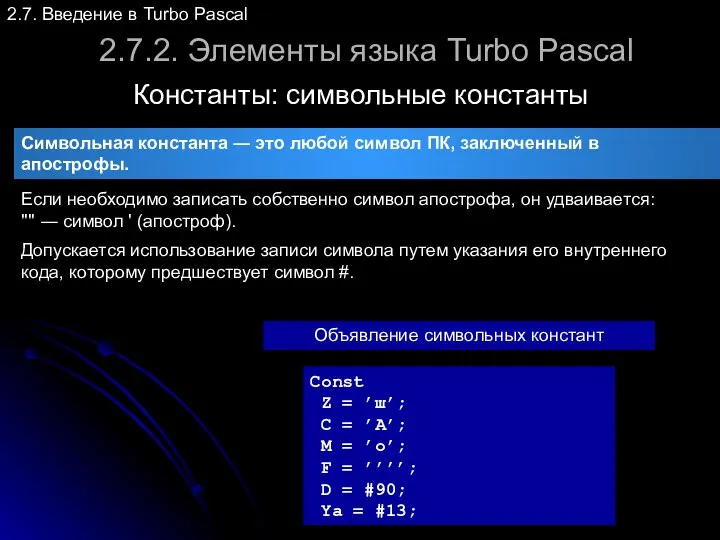 2.7.2. Элементы языка Turbo Pascal Константы: символьные константы 2.7. Введение в