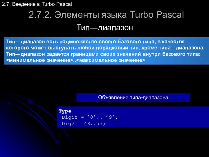 2.7.2. Элементы языка Turbo Pascal Тип―диапазон 2.7. Введение в Turbo Pascal