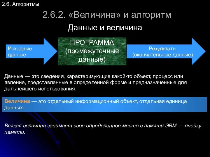 2.6. Алгоритмы 2.6.2. «Величина» и алгоритм Данные и величина Данные —