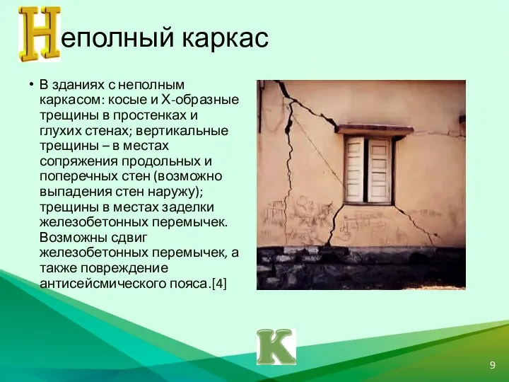 В зданиях с неполным каркасом: косые и Х-образные трещины в простенках