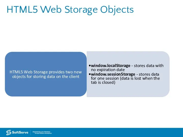 HTML5 Web Storage Objects HTML5 Web Storage provides two new objects