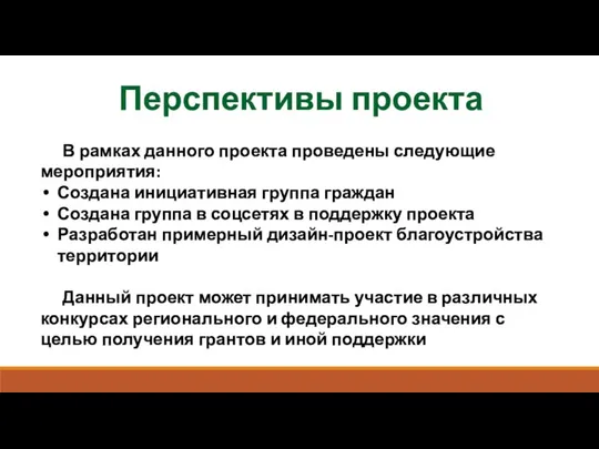 Перспективы проекта В рамках данного проекта проведены следующие мероприятия: Создана инициативная