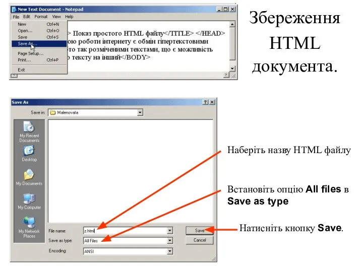 Збереження HTML документа. Наберіть назву HTML файлу Встановіть опцію All files