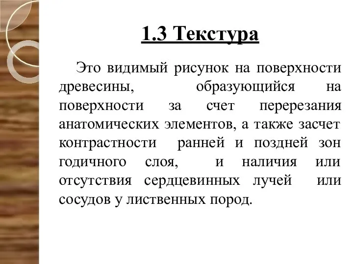 1.3 Текстура Это видимый рисунок на поверхности древесины, образующийся на поверхности