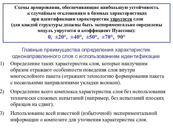 Главные преимущества определения характеристик однонаправленного слоя с использованием идентификации Определение таких