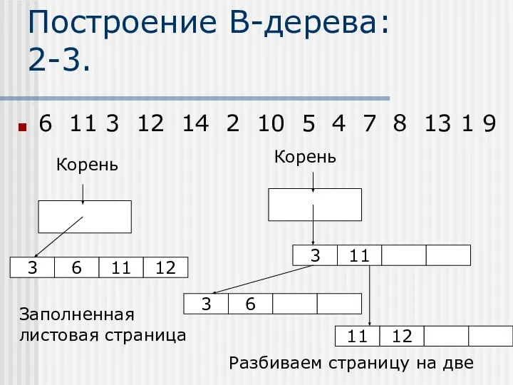 Построение В-дерева: 2-3. 6 11 3 12 14 2 10 5