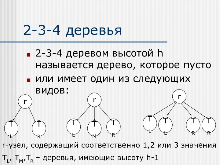 2-3-4 деревья 2-3-4 деревом высотой h называется дерево, которое пусто или