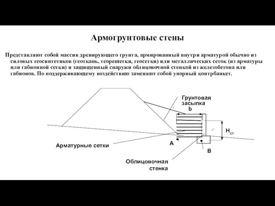 Армогрунтовые стены Представляют собой массив дренирующего грунта, армированный внутри арматурой обычно