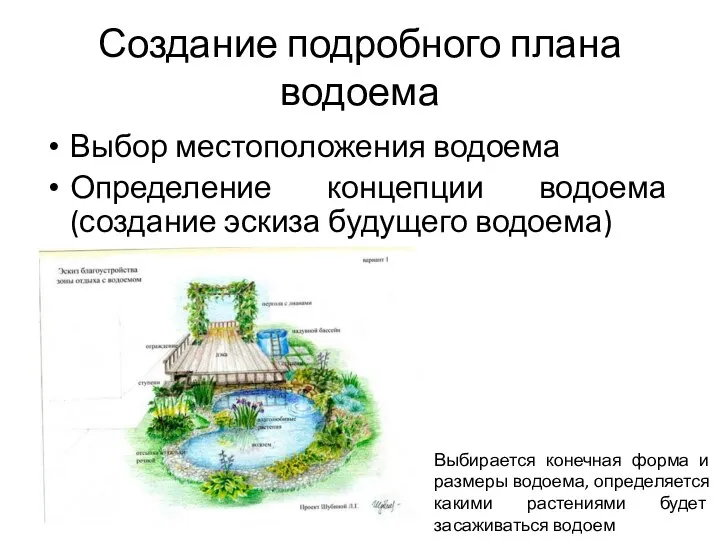 Создание подробного плана водоема Выбор местоположения водоема Определение концепции водоема (создание