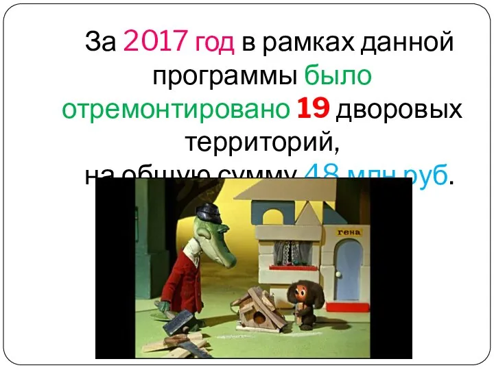 За 2017 год в рамках данной программы было отремонтировано 19 дворовых