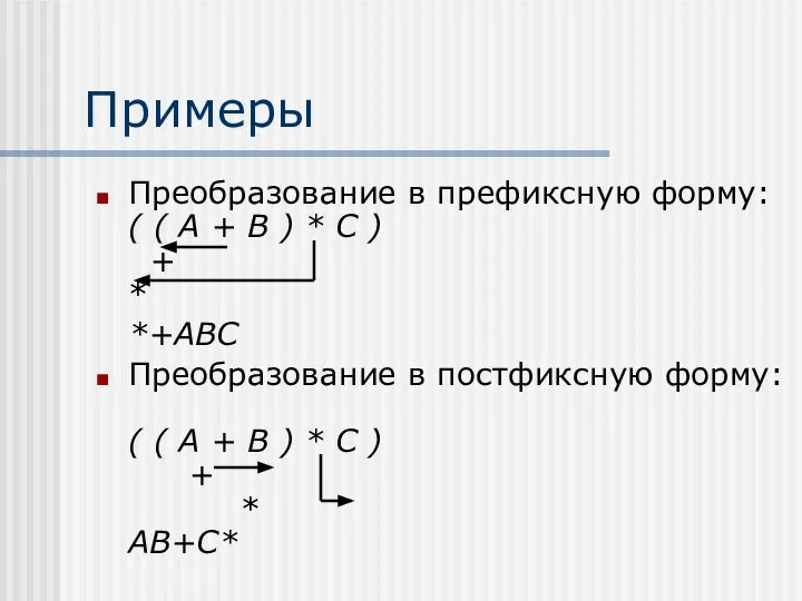 Примеры Преобразование в префиксную форму: ( ( A + B )