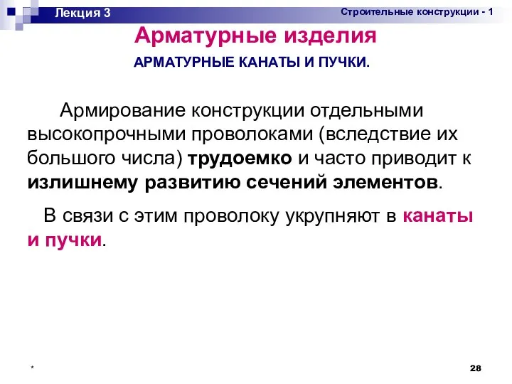 * Лекция 3 АРМАТУРНЫЕ КАНАТЫ И ПУЧКИ. Арматурные изделия Армирование конструкции