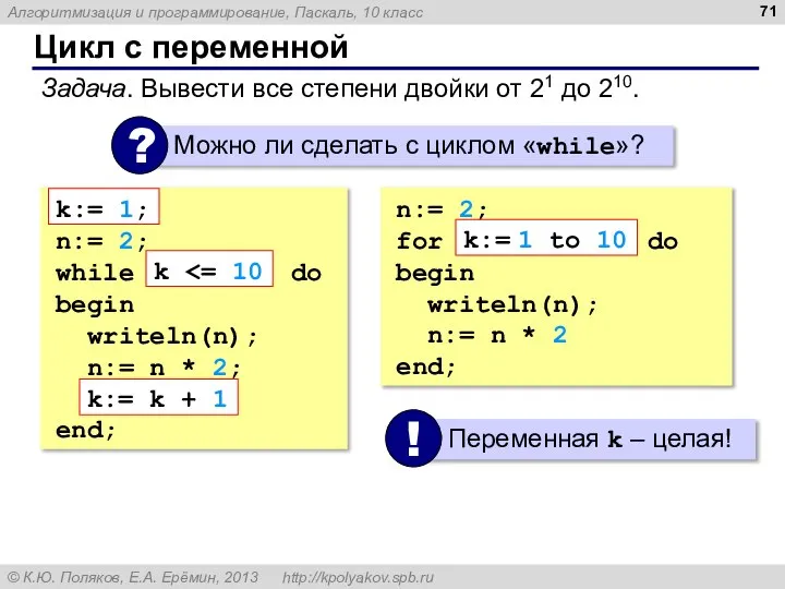 Цикл с переменной Задача. Вывести все степени двойки от 21 до