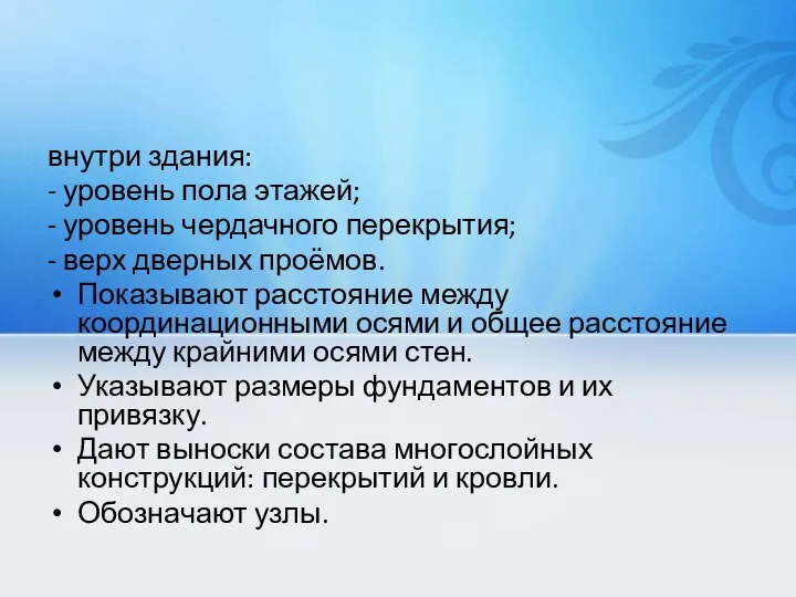 внутри здания: - уровень пола этажей; - уровень чердачного перекрытия; -