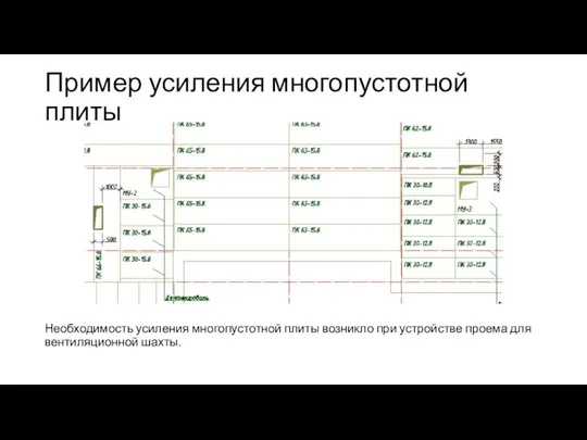 Пример усиления многопустотной плиты Необходимость усиления многопустотной плиты возникло при устройстве проема для вентиляционной шахты.