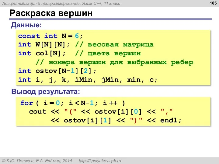 Раскраска вершин const int N = 6; int W[N][N]; // весовая