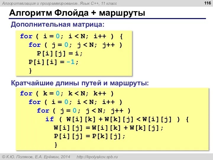 Алгоритм Флойда + маршруты for ( i = 0; i for