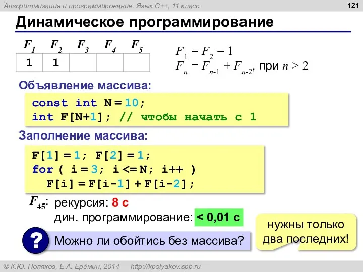 Динамическое программирование Объявление массива: const int N = 10; int F[N+1];