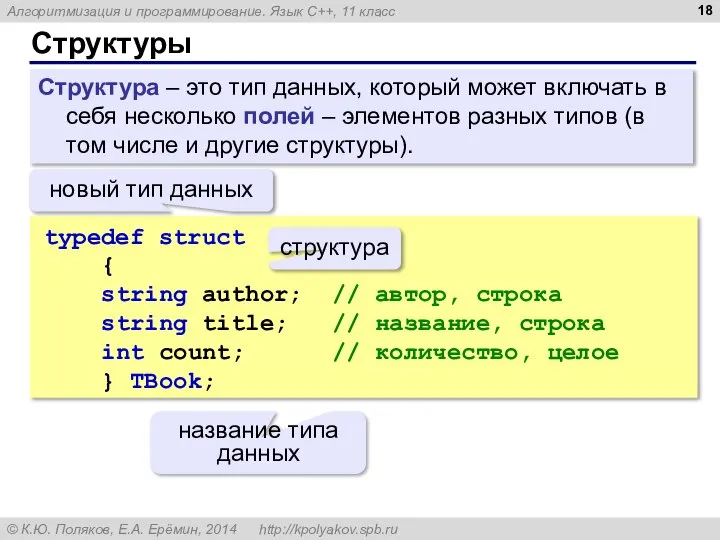 Структуры Структура – это тип данных, который может включать в себя