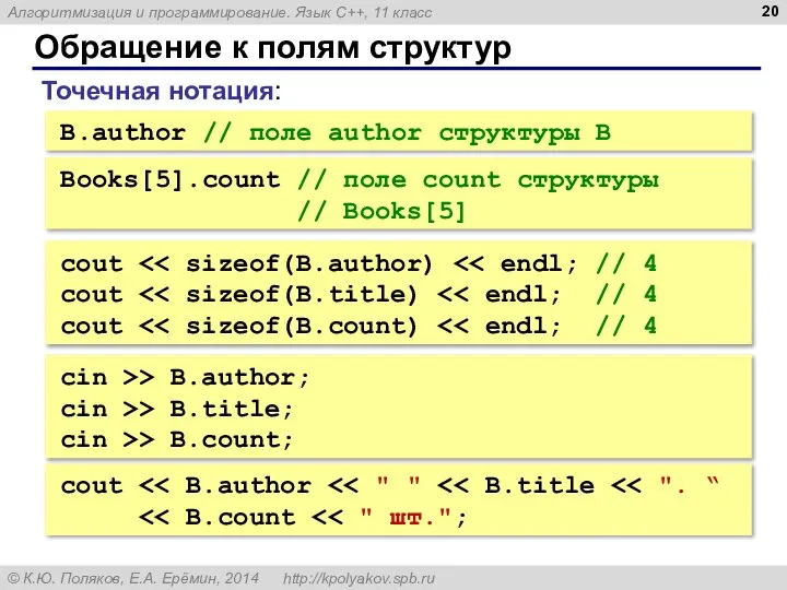 Обращение к полям структур B.author // поле author структуры B Точечная