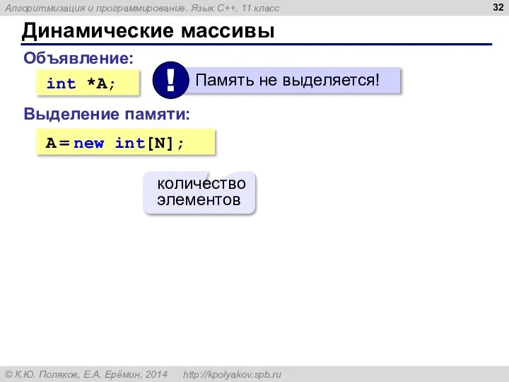 Динамические массивы Объявление: int *A; Выделение памяти: A = new int[N]; количество элементов