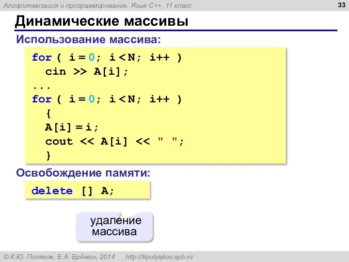 Динамические массивы Использование массива: for ( i = 0; i cin