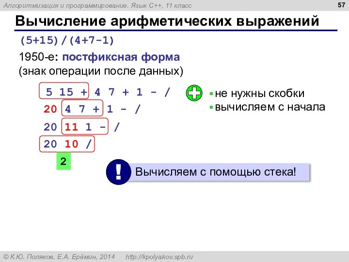 Вычисление арифметических выражений (5+15)/(4+7-1) 1950-е: постфиксная форма (знак операции после данных)