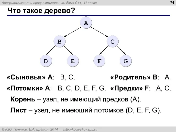 Что такое дерево? «Сыновья» А: B, C. «Родитель» B: A. «Потомки»