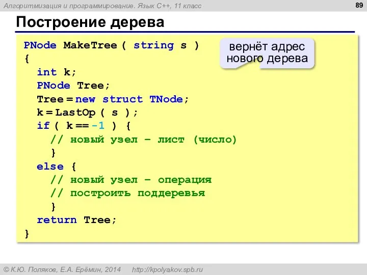 Построение дерева PNode MakeTree ( string s ) { int k;