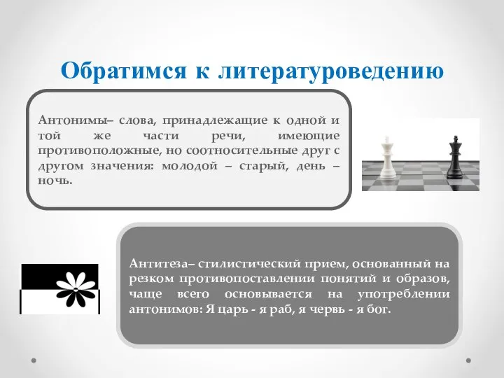 Обратимся к литературоведению Антитеза– стилистический прием, основанный на резком противопоставлении понятий