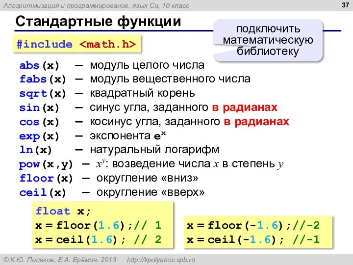 Стандартные функции abs(x) — модуль целого числа fabs(x) — модуль вещественного