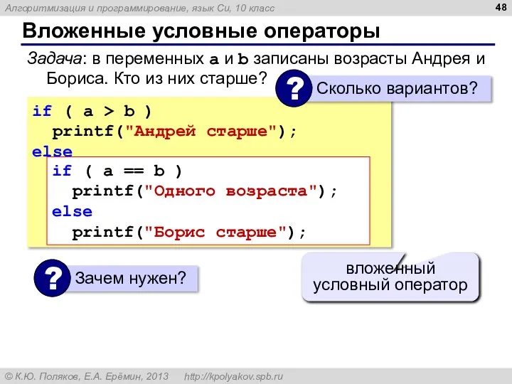 Вложенные условные операторы if ( a > b ) printf("Андрей старше");