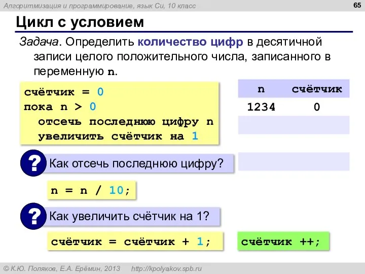 Цикл с условием Задача. Определить количество цифр в десятичной записи целого