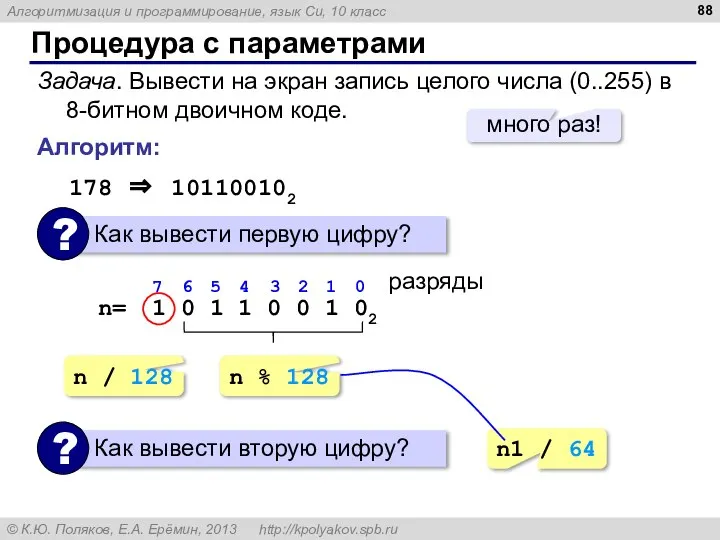 Процедура с параметрами Задача. Вывести на экран запись целого числа (0..255)