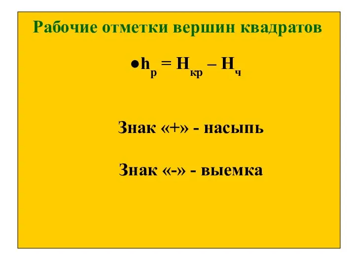 Рабочие отметки вершин квадратов hр = Нкр – Нч Знак «+»