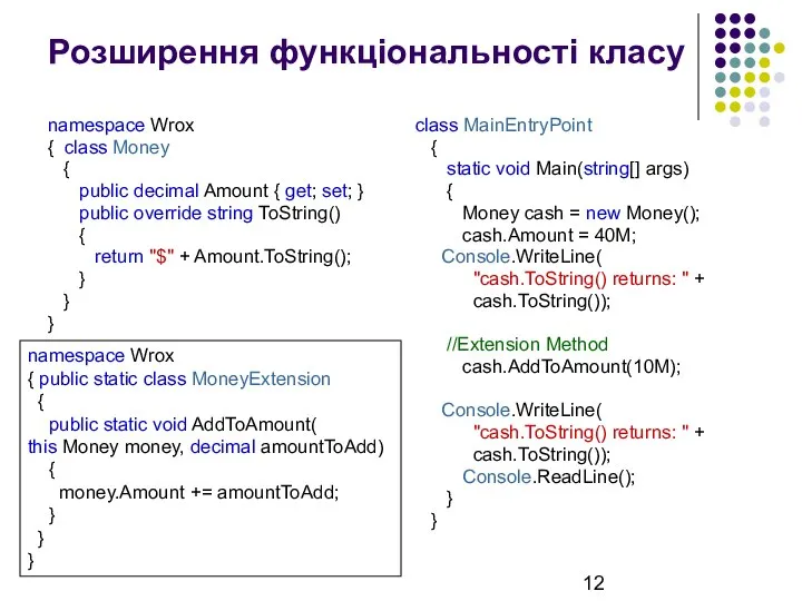 Розширення функціональності класу namespace Wrox { class Money { public decimal