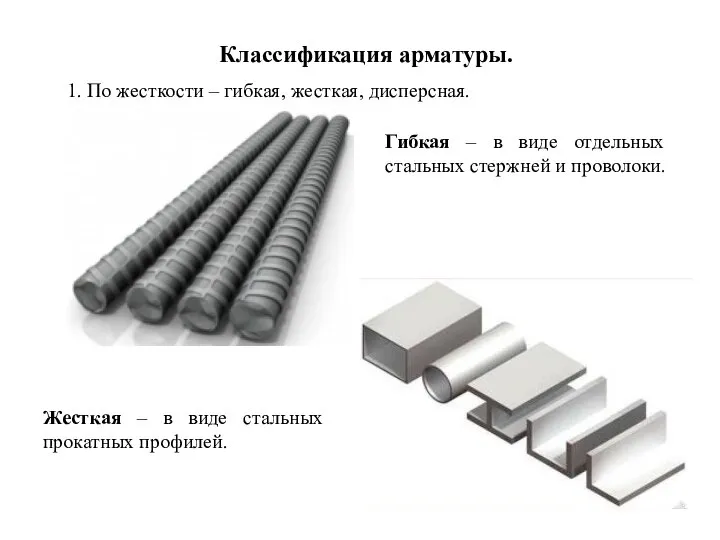 Классификация арматуры. 1. По жесткости – гибкая, жесткая, дисперсная. Гибкая –