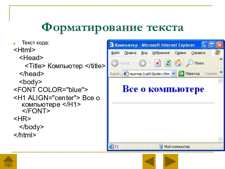 Форматирование текста Текст кода: Компьютер Все о компьютере