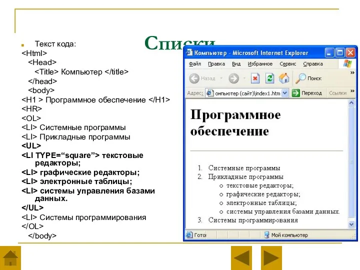 Списки Текст кода: Компьютер Программное обеспечение Системные программы Прикладные программы текстовые